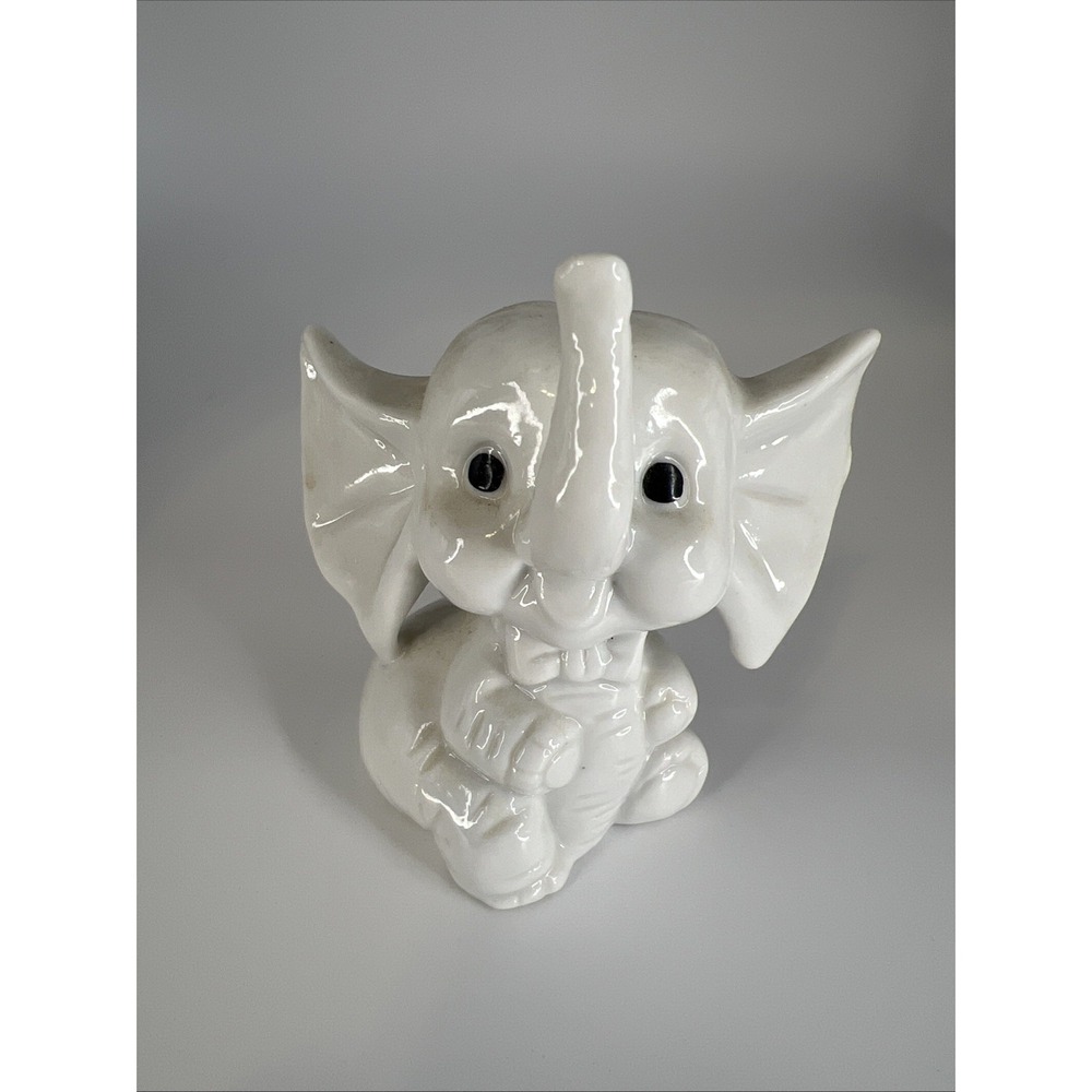 Vintage Edsin Japan White Porcelain Elephant Figurine Bow Tie Trunk Up 3.25 inch